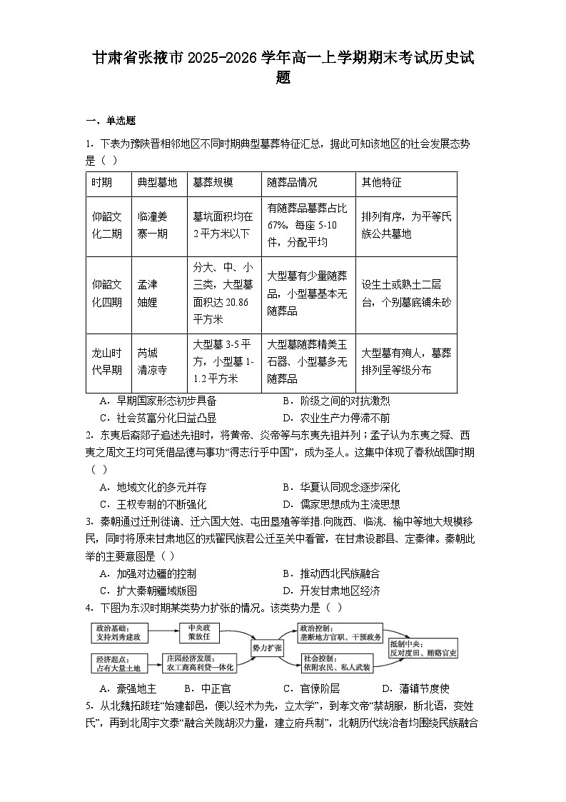 2025-2026学年度甘肃省张掖市高一上学期期末考试历史试题（解析版）第1页