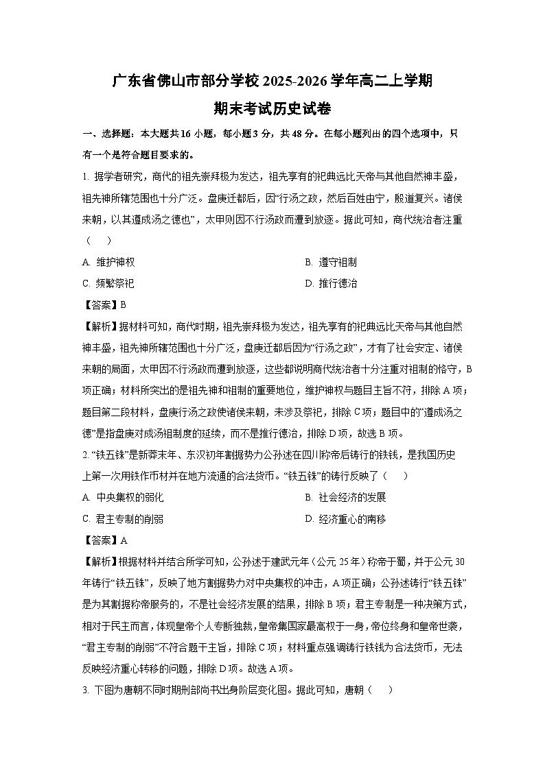 【历史】广东省佛山市部分学校2025-2026学年高二上学期期末考试试卷（解析版）第1页