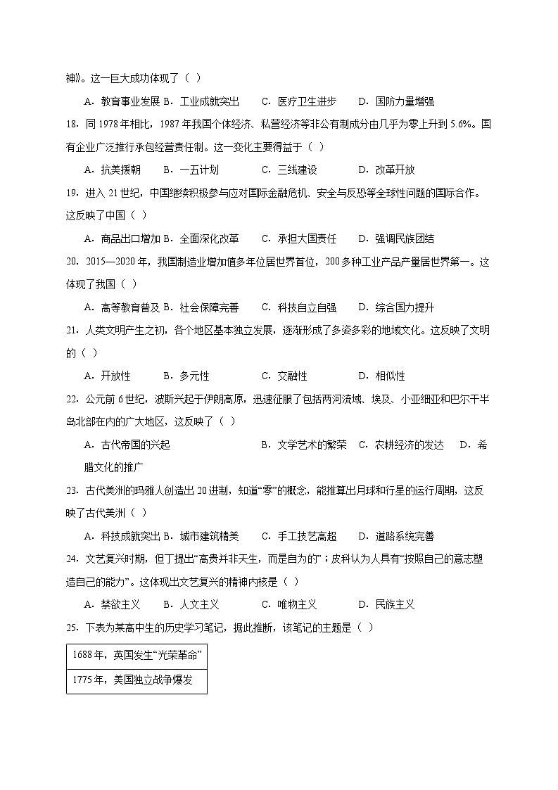 2025年1月黑龙江省高中学业水平合格性考试历史试题【附答案】第3页
