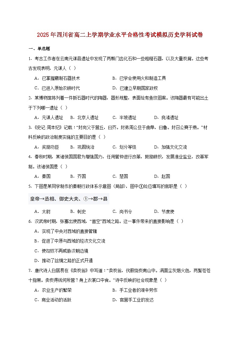 2025年四川省高二上册学业水平合格性考试模拟历史学科试题【附答案】第1页