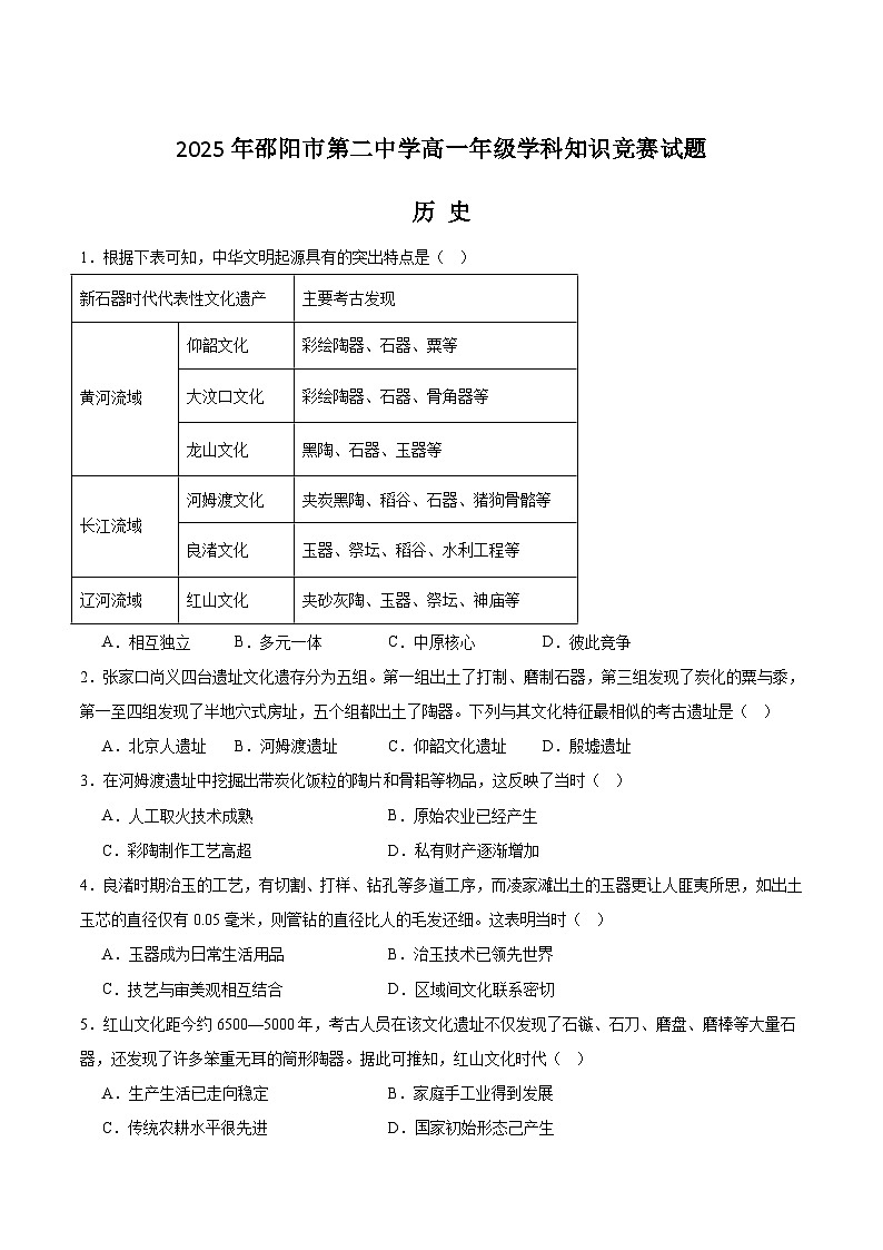 湖南省邵阳市第二中学2025-2026学年高一上学期12月学科竞赛历史试题（Word版附答案）第1页