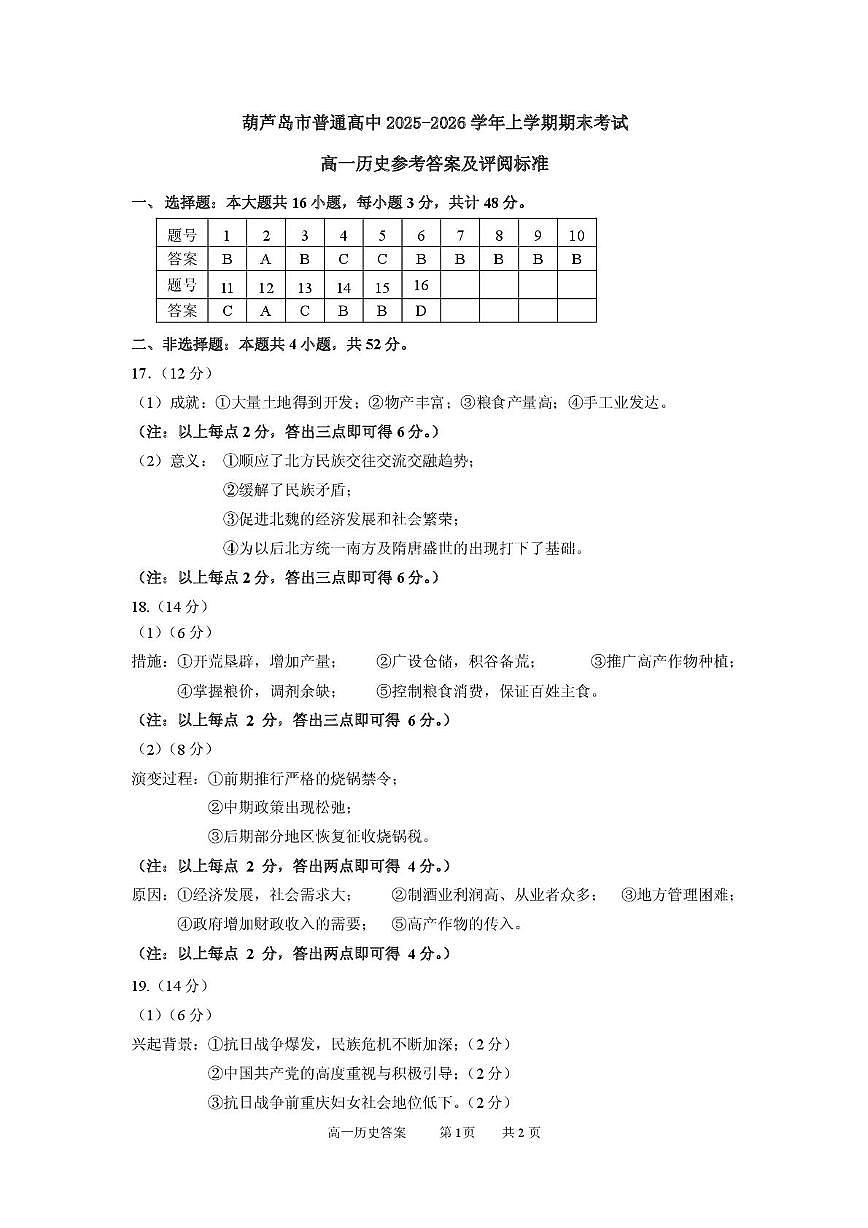 2026年1月高一历史参考答案及评阅标准第1页