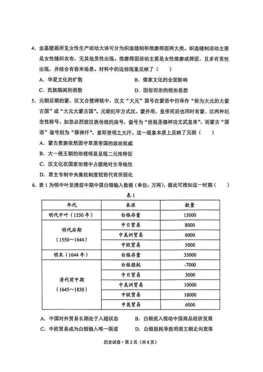 2026届云南省大理白族自治州高三上学期第二次复习统一检测历史试卷（含答案）第2页
