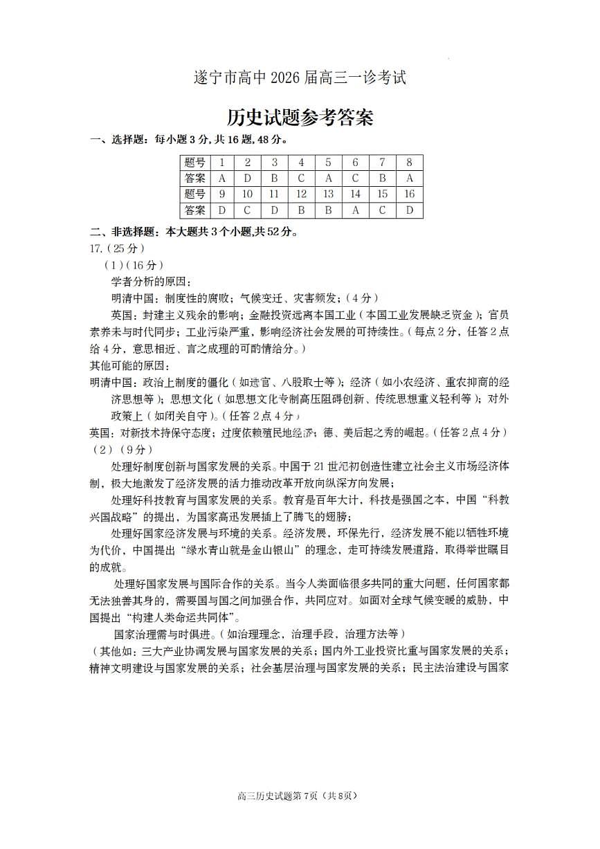 历史答案-遂宁市高中2026届高三一诊考试第1页