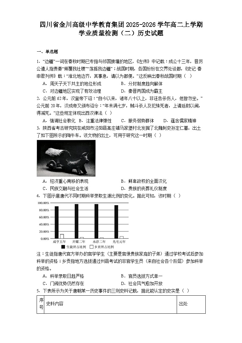 2025—2026学年度四川省金川高级中学教育集团高二上学期学业质量检测（二）历史试题（解析版）第1页