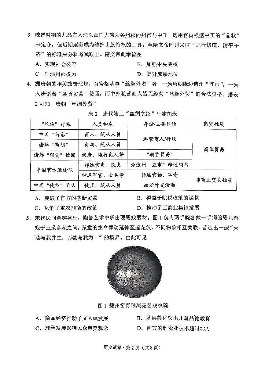 历史-云南省红河州、文山州2026届高三上学期第二次复习统一检测(红河文山二统)试卷及答案第2页
