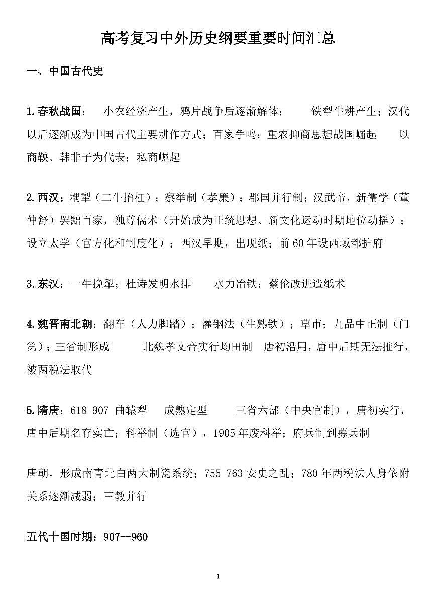高考历史复习中外历史纲要重要时间汇总知识清单（共18页）第1页