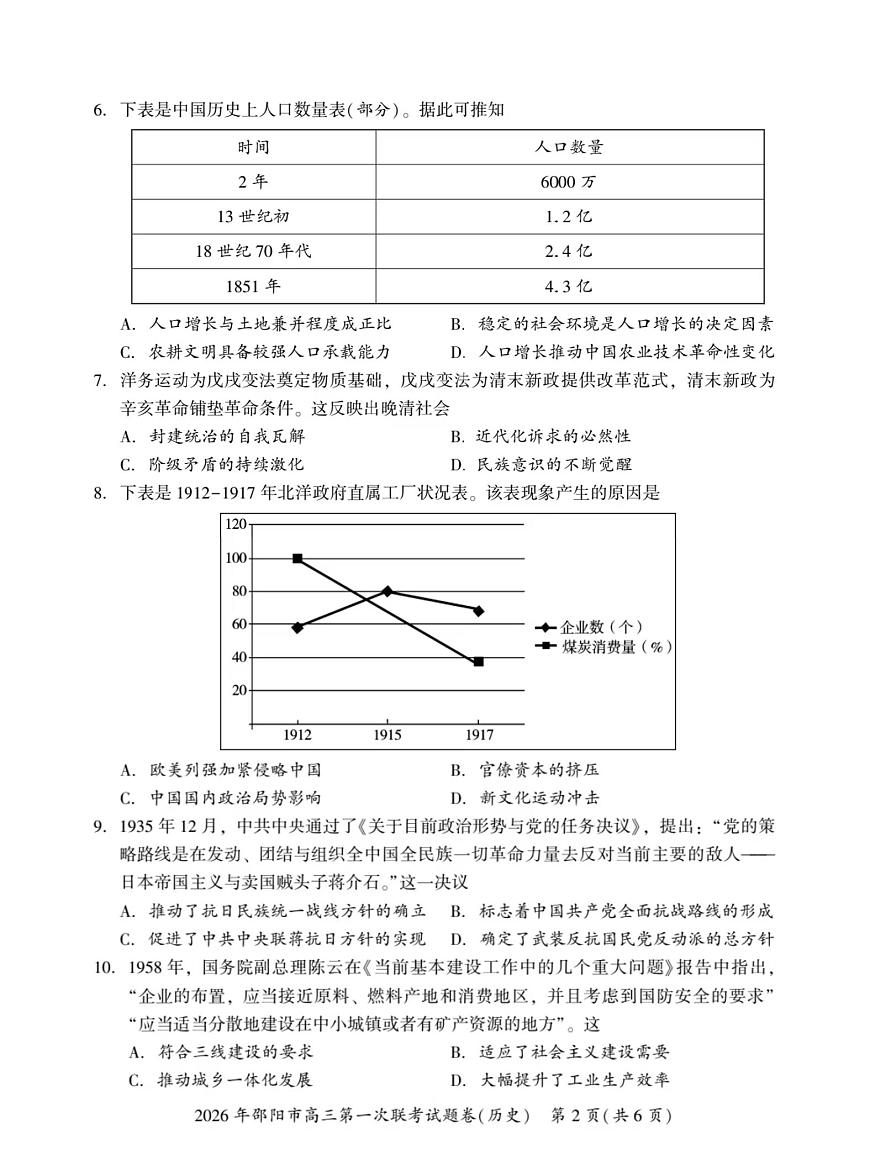 湖南省邵阳市2026届高三上学期第一次联考历史试题（PDF版附答案）第2页