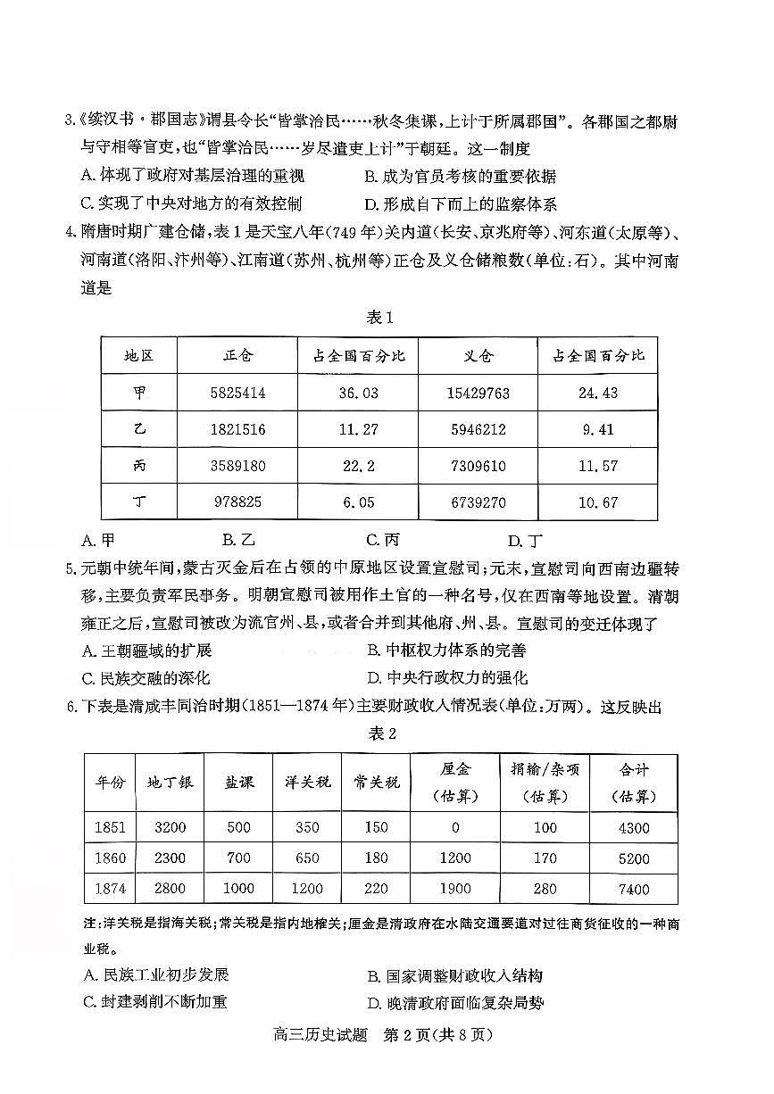 枣庄市2026届高三第一学期质量检测历史+答案第2页