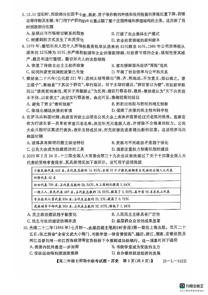 学年第一学期高二年级七校期中联考(历史)第2页