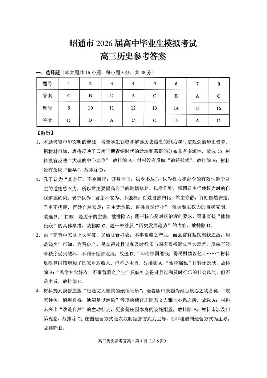 云南省昭通市2026届高中毕业生模拟考试历史答案第1页