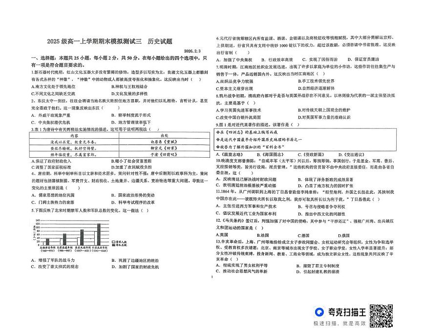 山东省德州市某校2025-2026学年高一上学期期末模拟测试（三）历史试题第1页