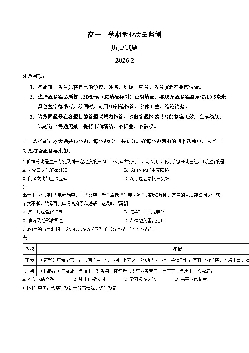 山东潍坊市2025_2026学年高一上学期期末学业质量监测历史试题（PDF格式，含答案）第1页