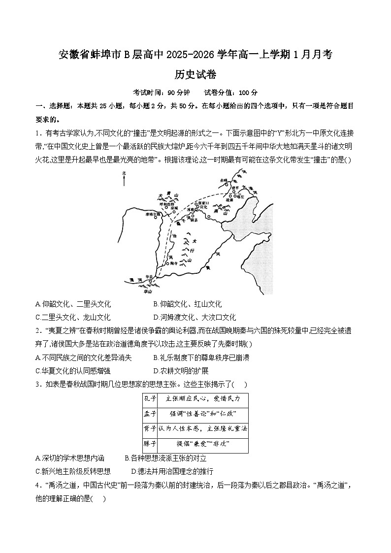 安徽省芜湖市重点高中2025-2026学年高一上学期1月月考试题 历史(含答案）第1页