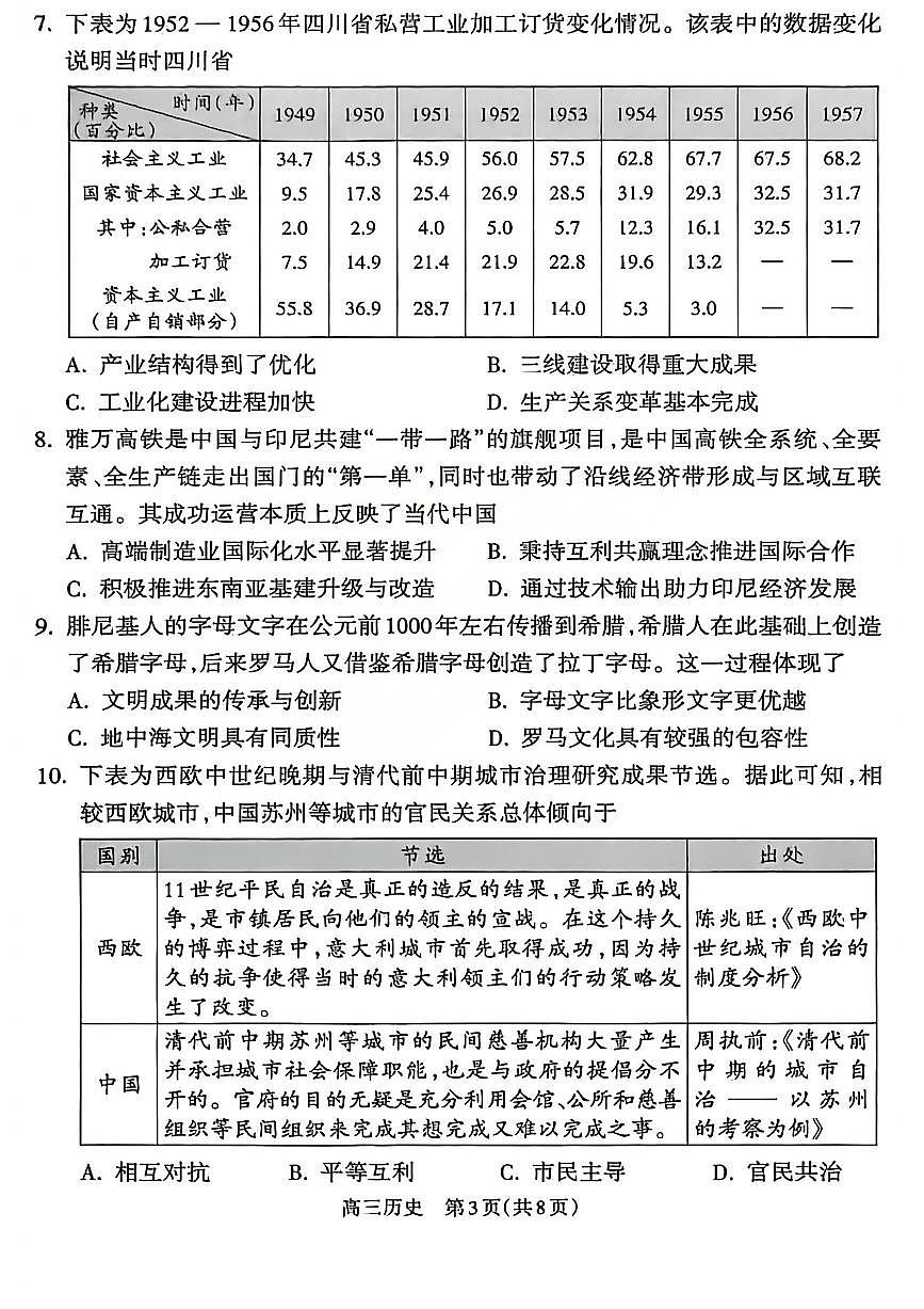 历史试题_【吕梁一模】吕梁25-26学年高三上学期期末调研测试及答案第3页