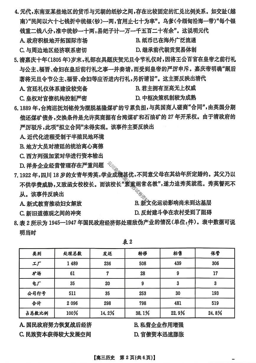 云南省楚雄州2025-2026学年上学期高三期末教育学业质量监测历史试题（含答案）第2页