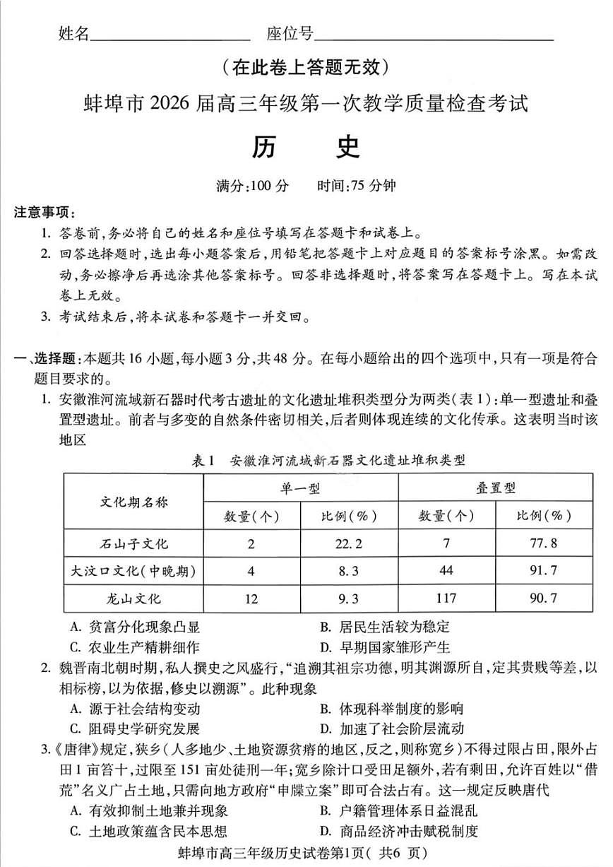安徽省蚌埠市2026届高三上学期高考一模教学质量检查考试历史试题（含答案）第1页