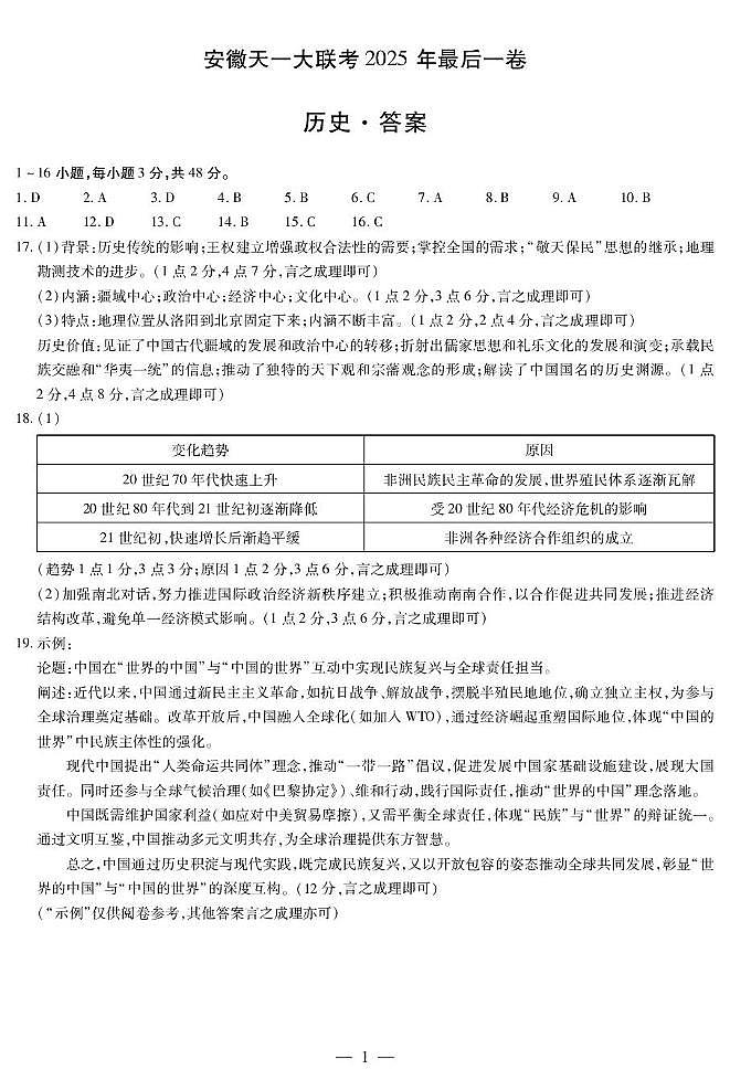 安徽省天一大联考2025届高三最后一卷历史试题第1页