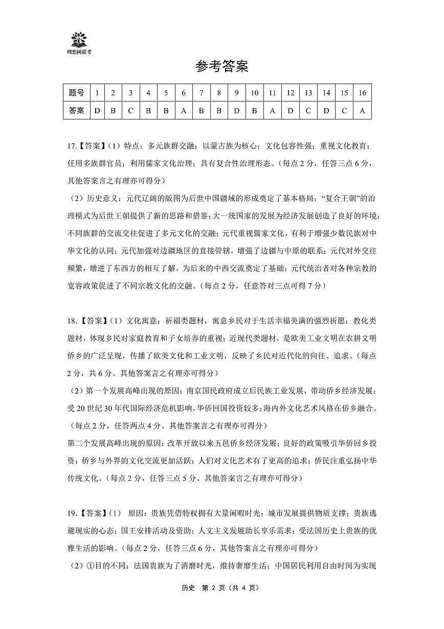 东北三省精准教学2025届高三理想树联考-历史答案第2页