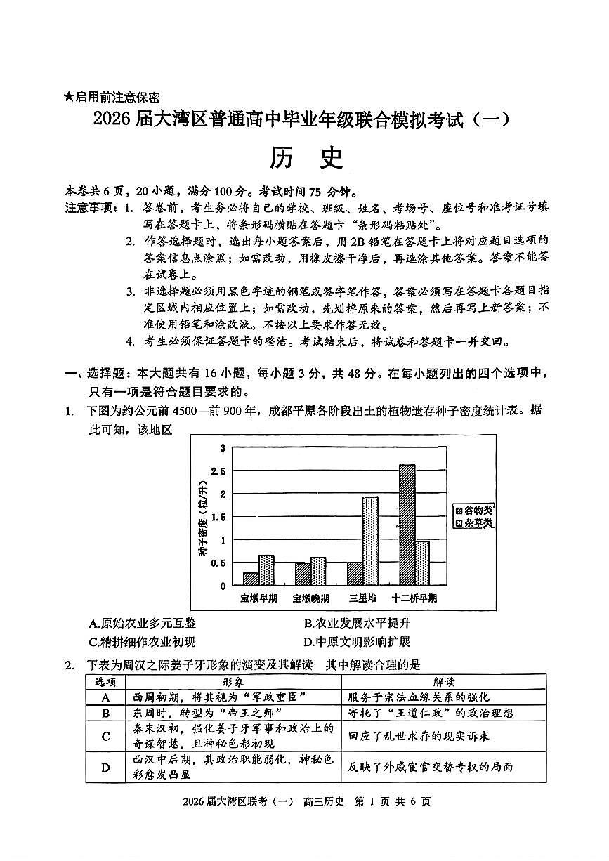 2026届大湾区一模历史试题（含答案）第1页