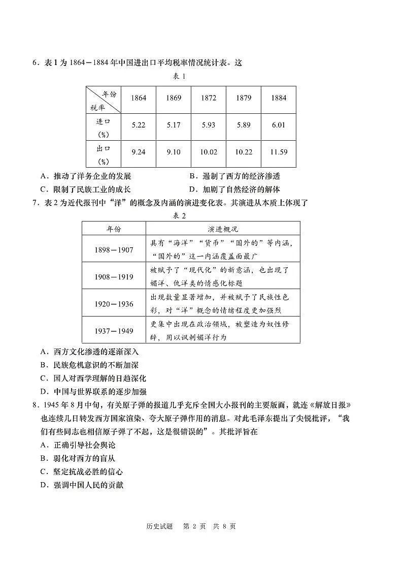 山东省青岛市2025年高三年级第三次适应性检测历史第2页