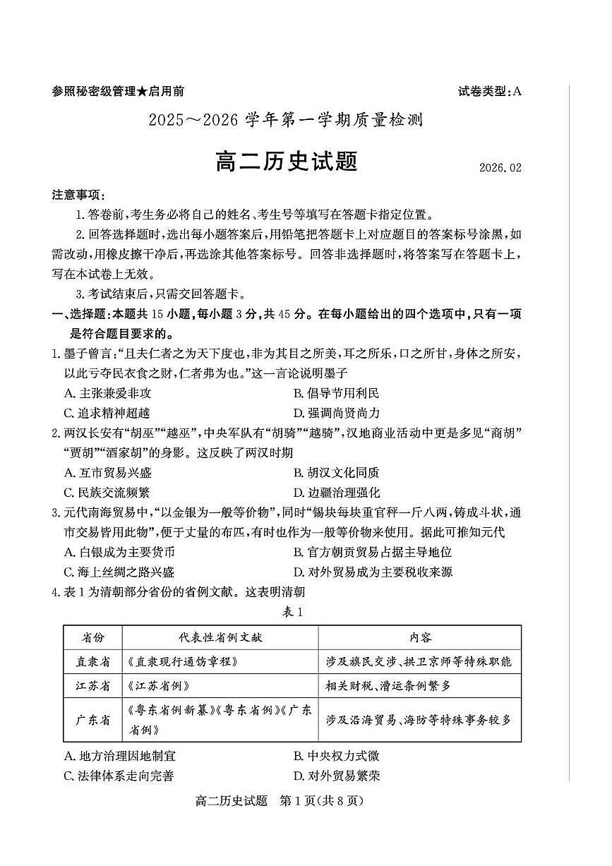 山东枣庄市2025-2026学年高二上学期期末考试历史试题含答案第1页