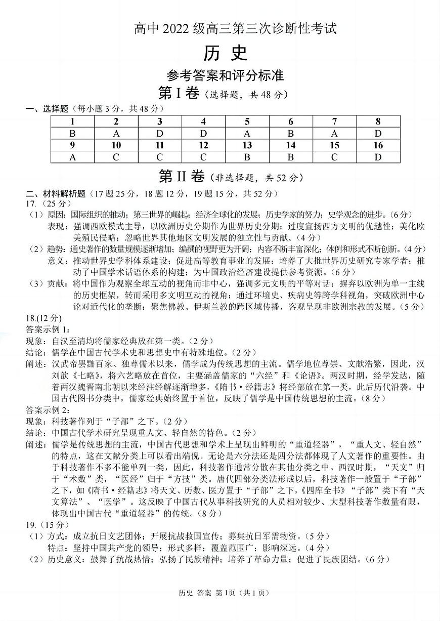 四川省元三维大联考·高2022级第三次诊断性测试历史答案第1页