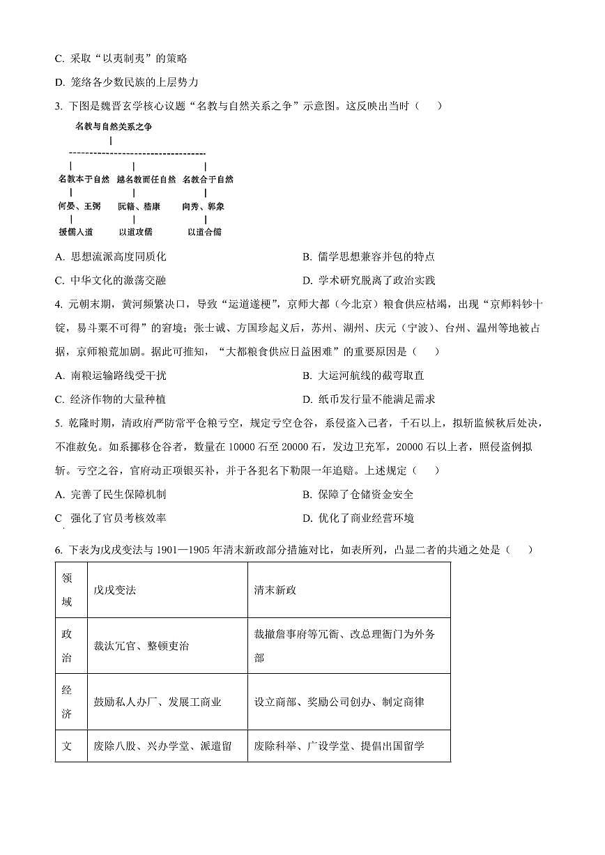 山西晋城市2025-2026学年高二上学期期末自测历史试题（试卷+解析）第2页