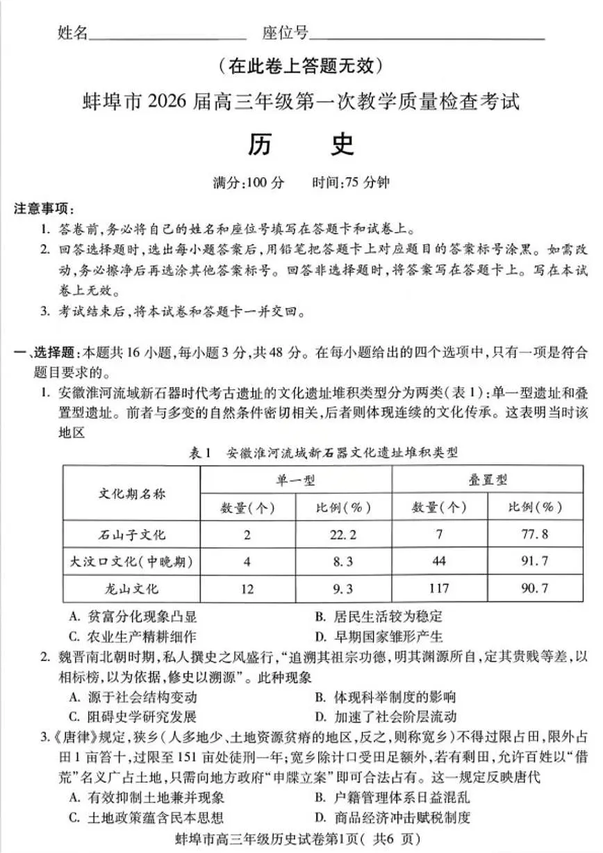 2026届安徽省蚌埠市高三高考一模历史试题（含答案）第1页