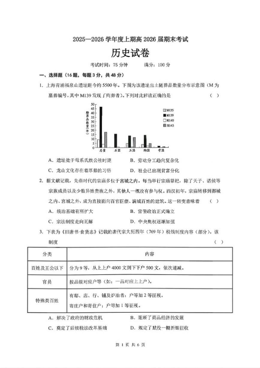 2025-2026学年2026届四川省成都市成都七中度高三年级上期期末考试历史试卷（含答案）第1页