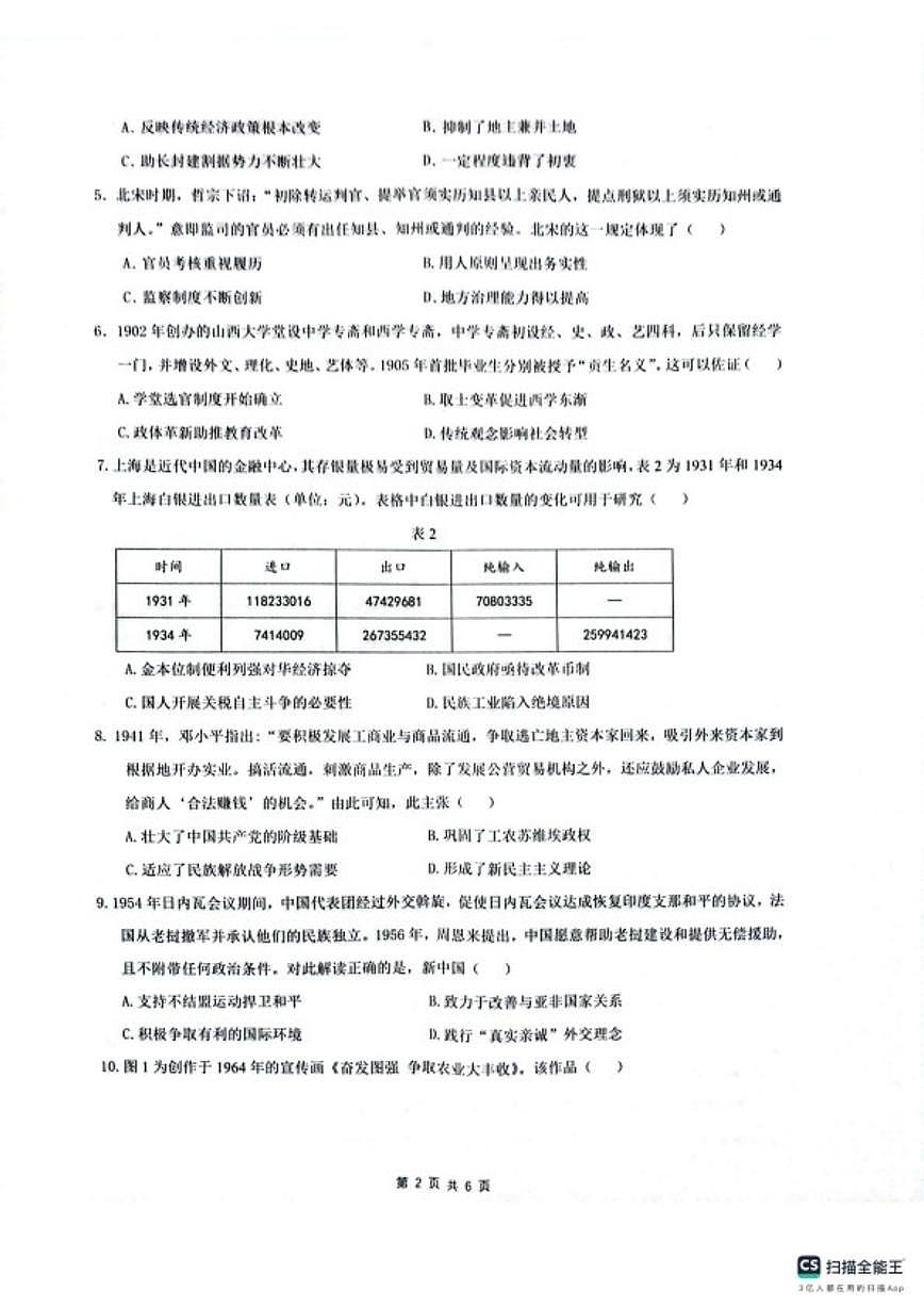 2025-2026学年安徽皖中名校联考高二第一学期期末检测历史试题（含答案）第2页