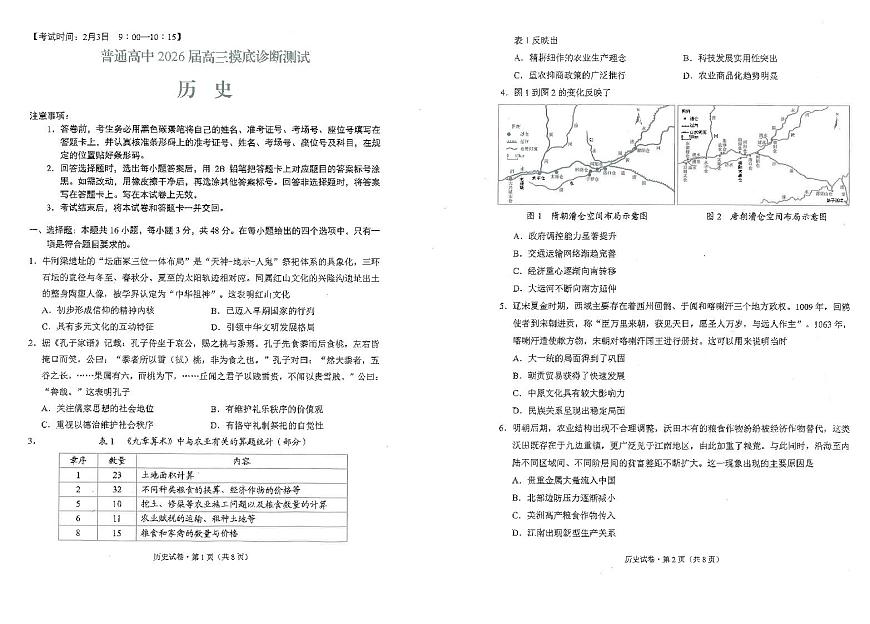2026昆明市高三市统测-历史试卷第1页