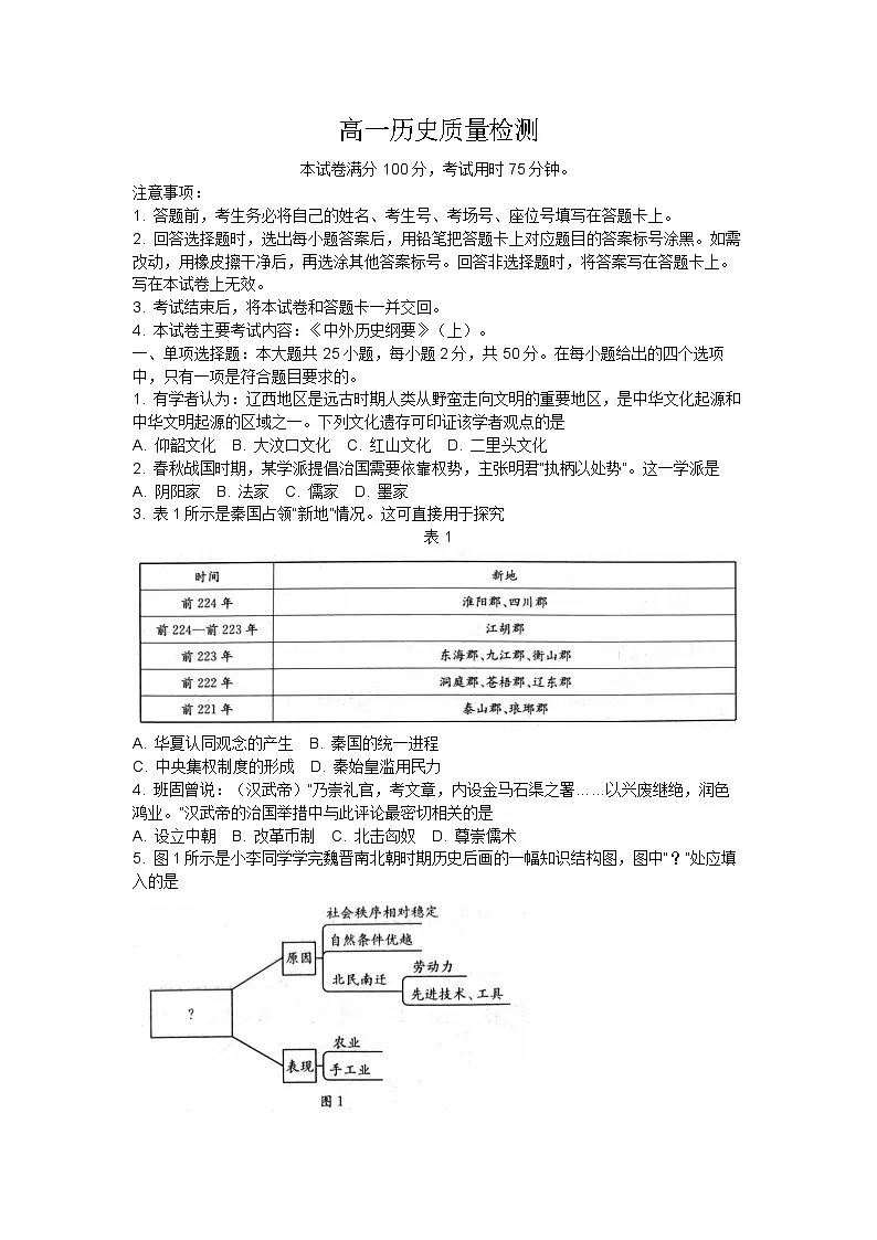 2026年1月辽阳市期末考试高一历史试卷第1页