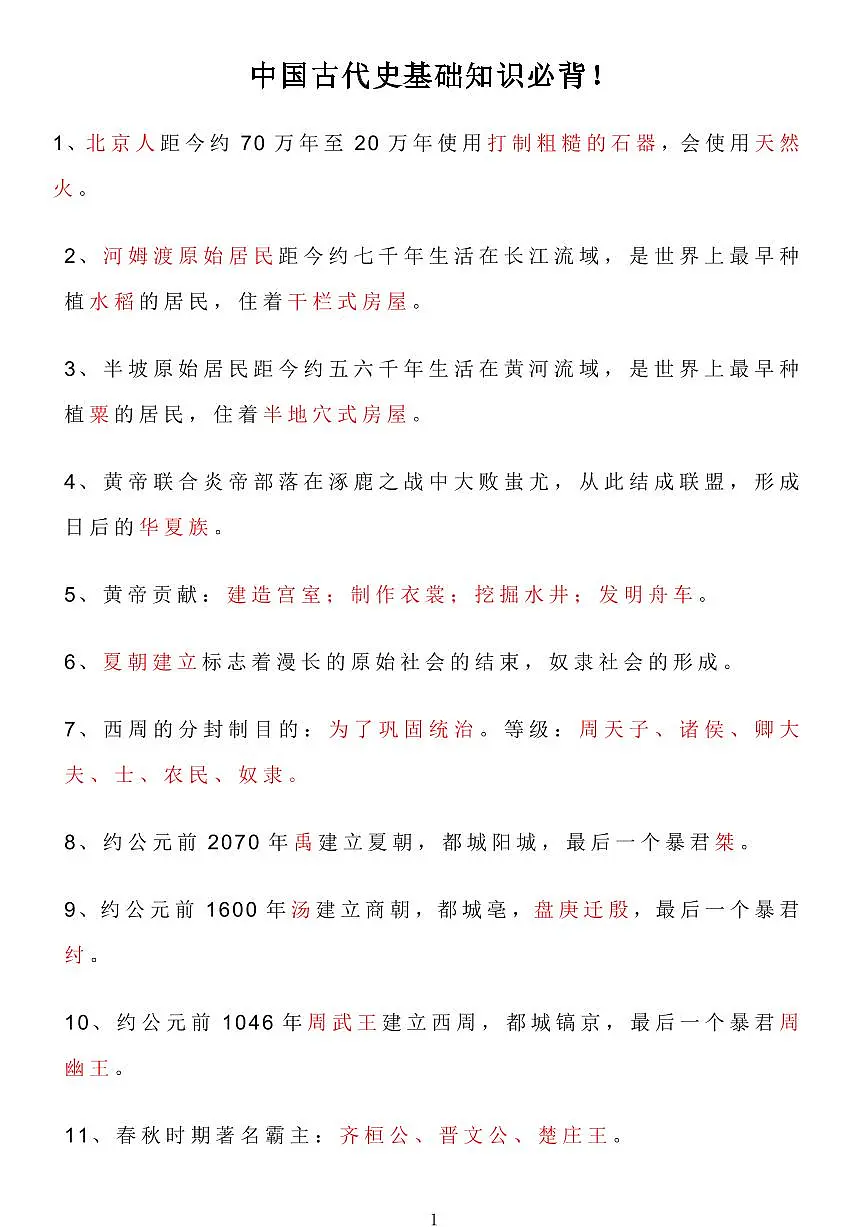 高考历史中国古代史基础知识必背知识清单（共17页）第1页