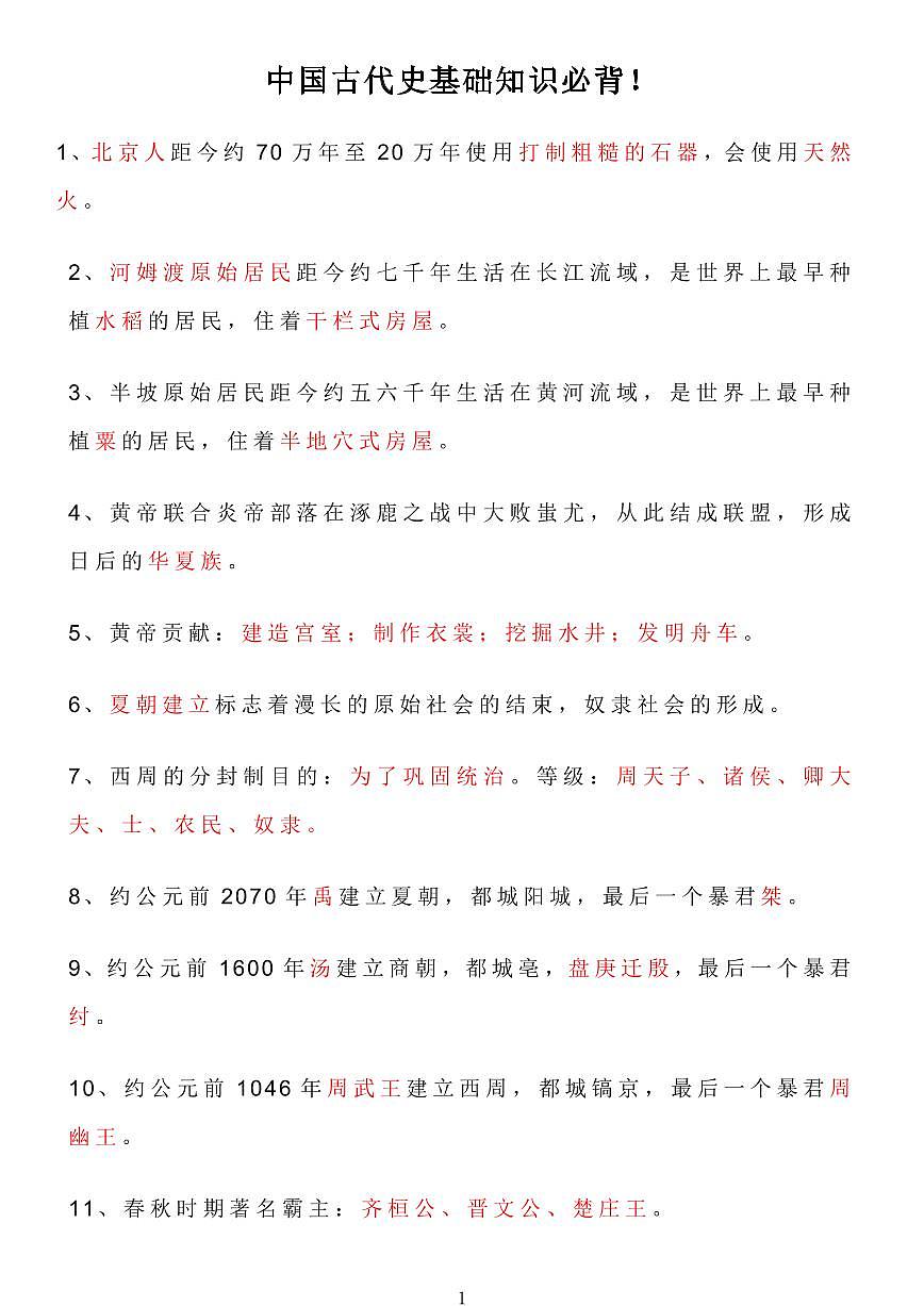 高考历史中国古代史基础知识必背知识清单（共17页）第1页