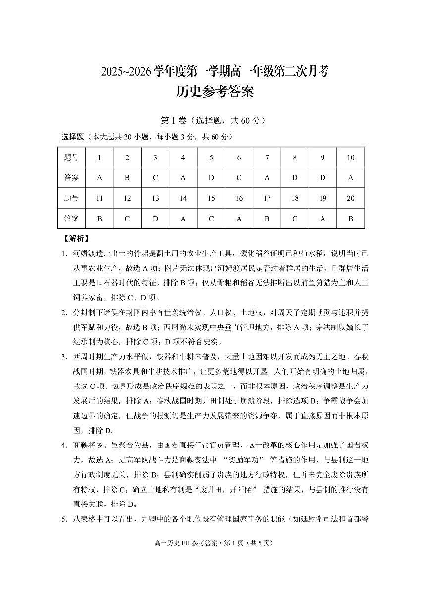 2025~2026学年度第一学期高一年级第二次月考历史-答案第1页