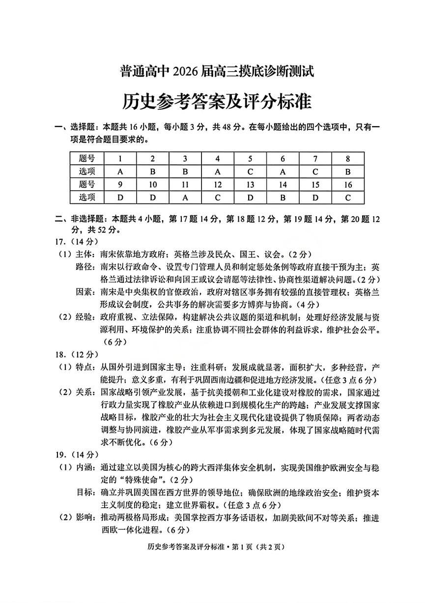 历史答案-昆明市普通高中2026届高三2月摸底诊断测试第1页