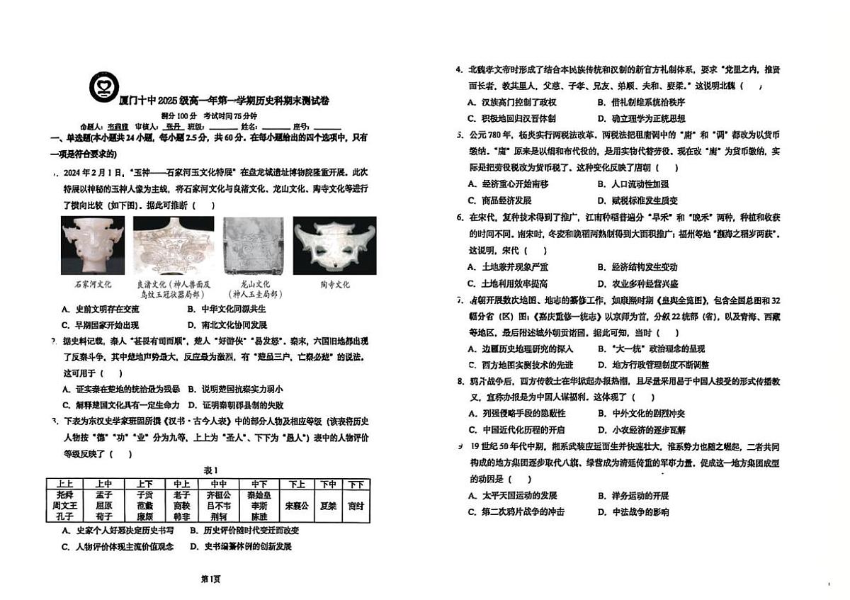 福建厦门市第十中学2025-2026学年高一第一学期期末测试历史试题第1页