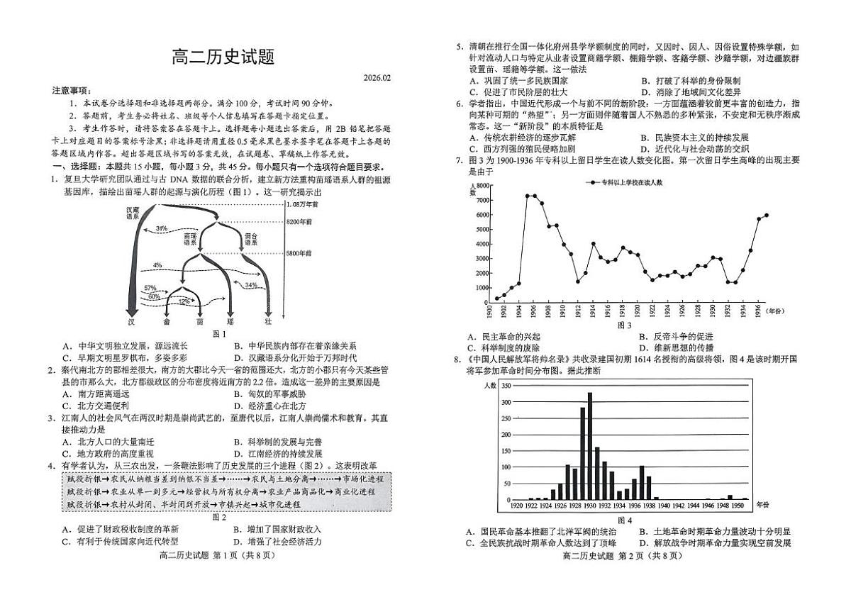山东菏泽市2025-2026学年高二上学期期末考试历史试题第1页