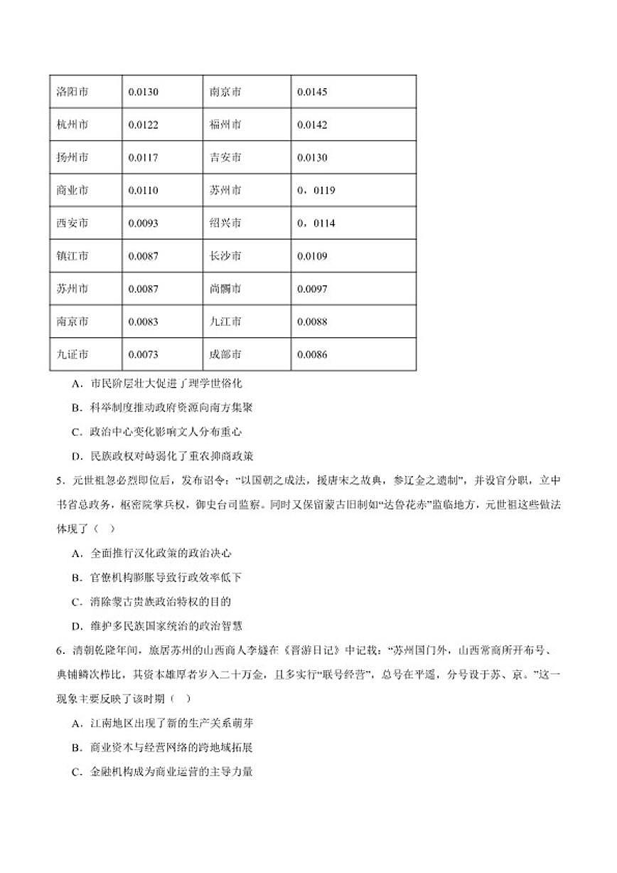 2026届云南省普洱市高三上学期期末教学质量监测历史试卷（含答案）第2页