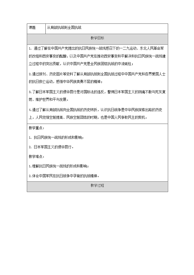 统编版高中历史纲要上册 第22课 从局部抗战到全国抗战 教案（表格式）第1页