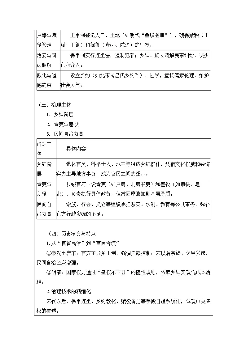 统编版高中历史选择性必修一 第17课 中国古代基层治理与社会保障 教案（表格式）第3页