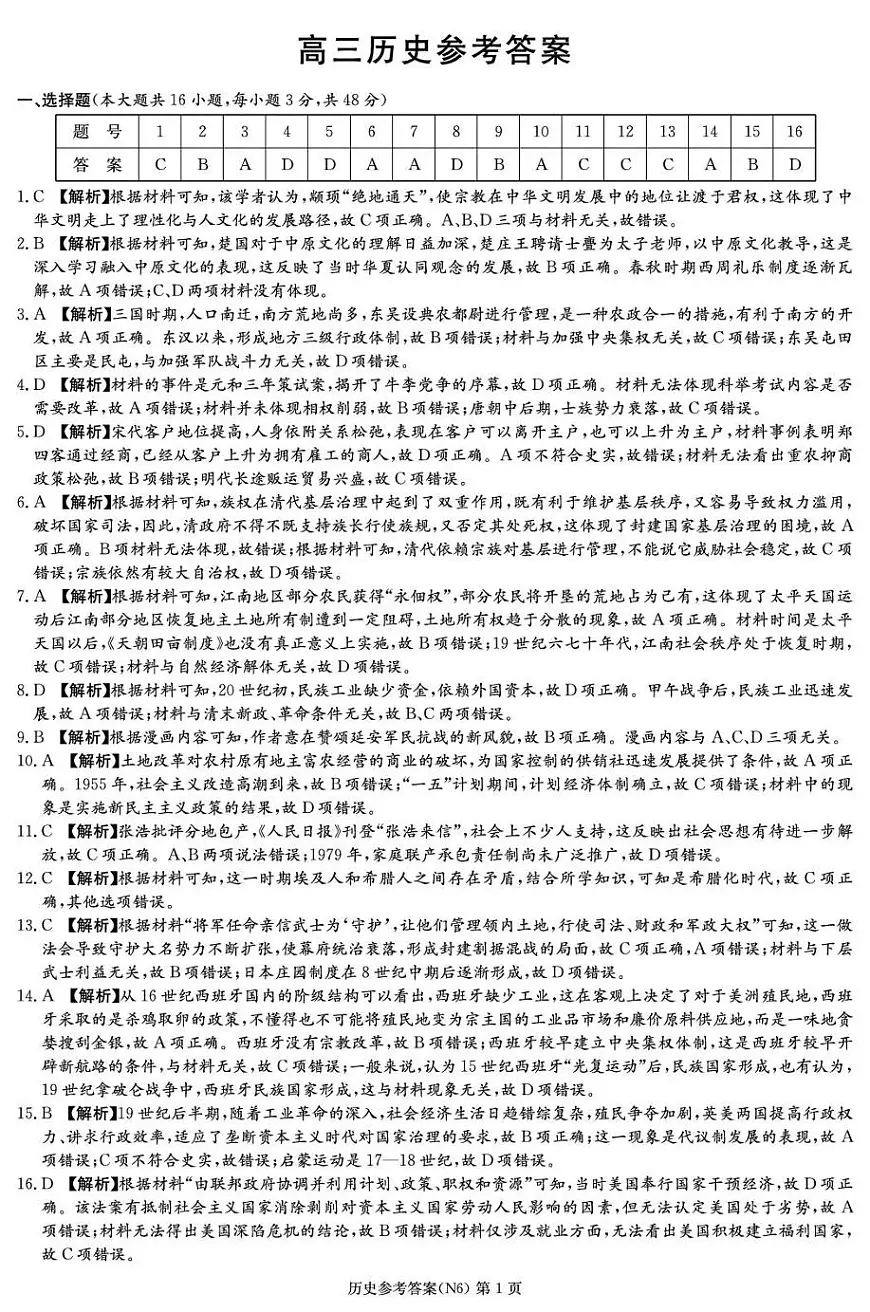长郡中学2026届高三月考试卷（六）历史答案第1页