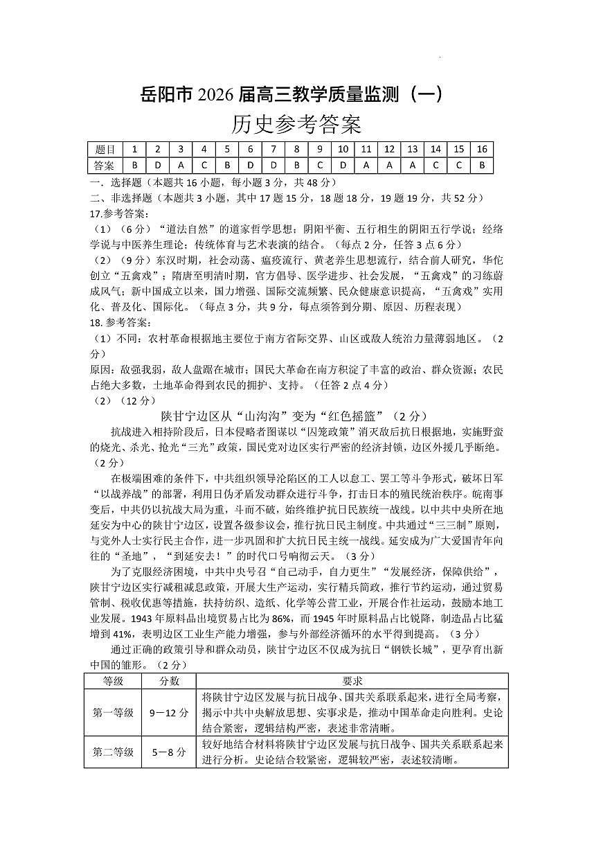 岳阳市2026届高三年级教学质量监测（一）历史答案第1页