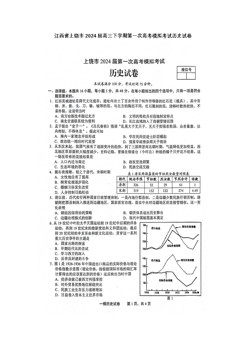江西省上饶市2024届高三下学期第一次高考模拟考试 历史 附答案第1页