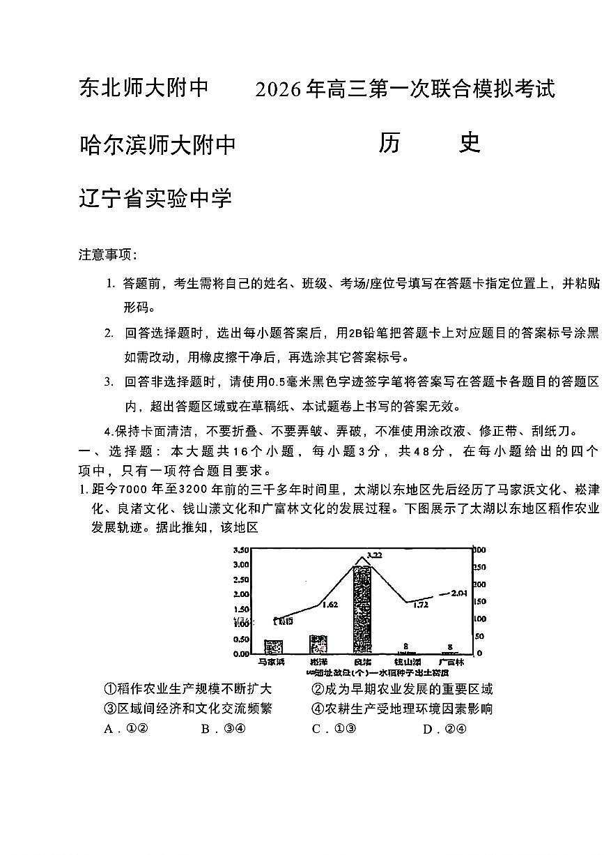 2026届东北三省三校高三下一模历史(东北师大、哈师大附中、辽宁实验）第1页