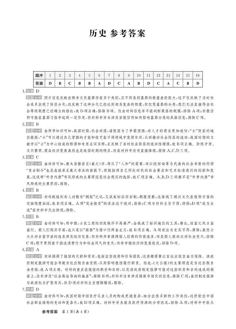 甘肃省2025届高三下学期高考模拟卷历史答案第1页