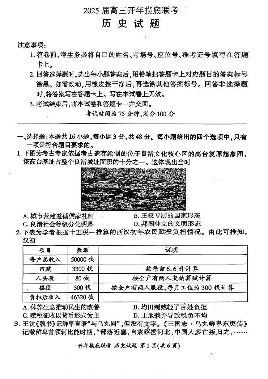 2024-2025学年高三下学期开学摸底考历史试题第1页