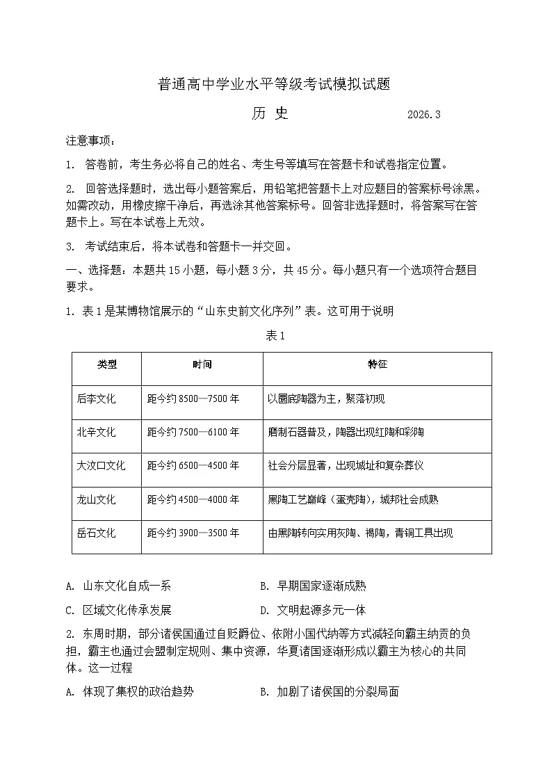 2026届山东省临沂市下学期高三一模考试 历史试题+答案第1页