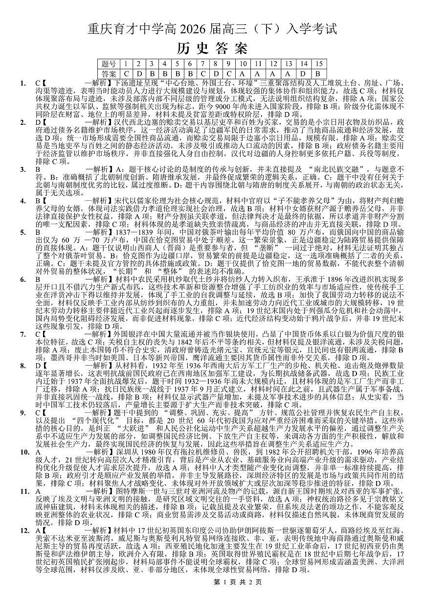 重庆育才中学高2026届高三（下）入学考试 历史答案第1页